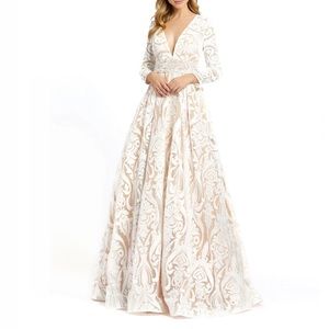 Mac Duggal Ivory & Nude Long Sleeve Paisley Mesh Ballgown NWT - Reemoly